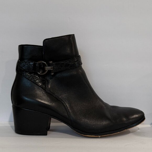 Coach Paulina Black Leather Ankle Boots Embossed Snake Belt Booties Size 9 B - Picture 6 of 12